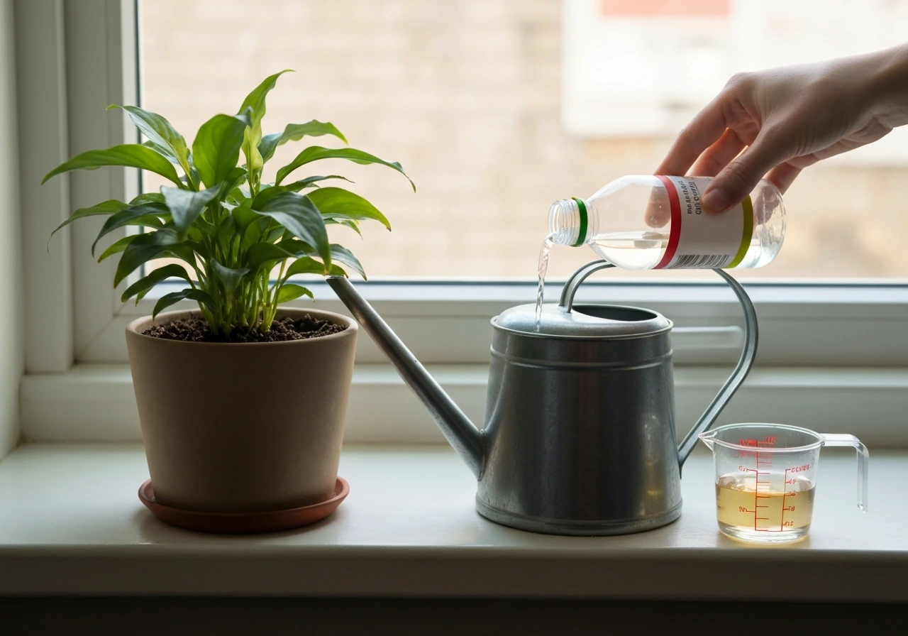 Hands measuring balanced liquid fertilizer into a watering can for a potted plant