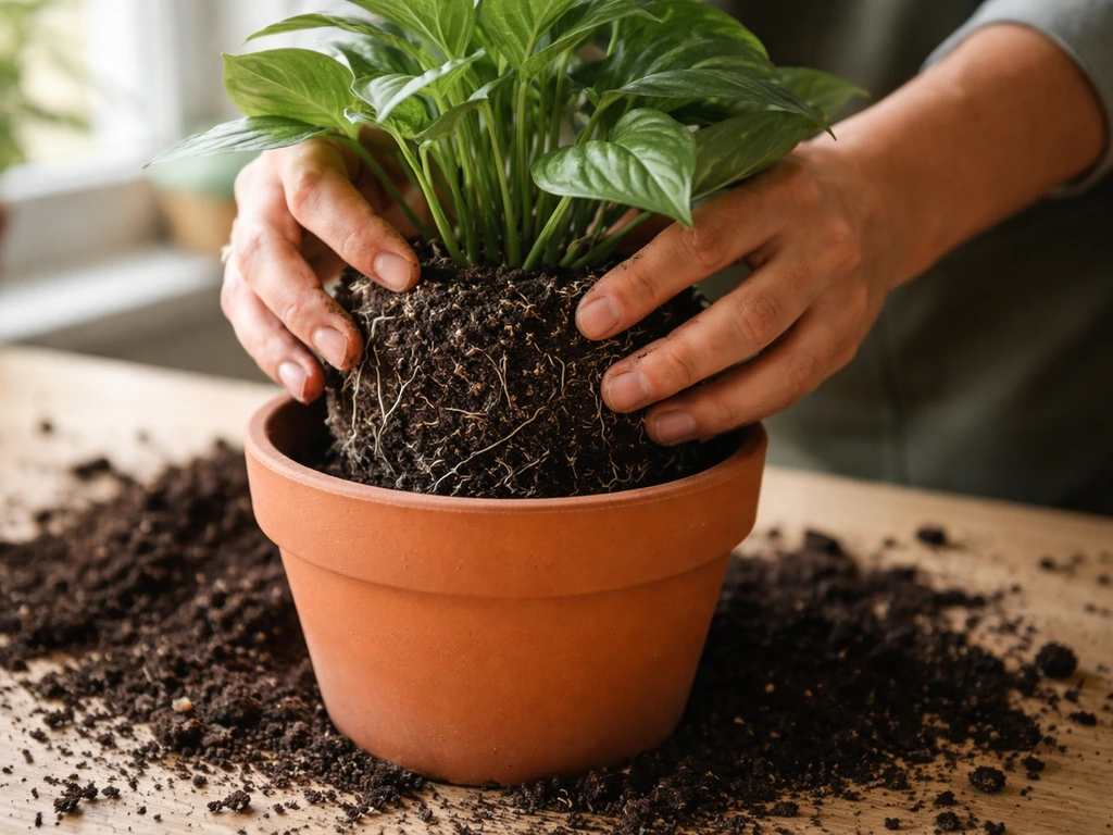 Hands gently loosen a plant root ball and place it into a slightly larger pot with soil nearby.