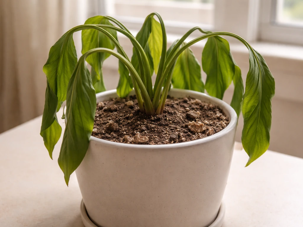 Drooping houseplant leaves beside visible dry potting soil surface for wilting troubleshooting.