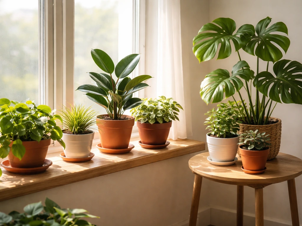 Healthy indoor houseplants in pots by a bright window with sunlight, showing clean plant-care setup.