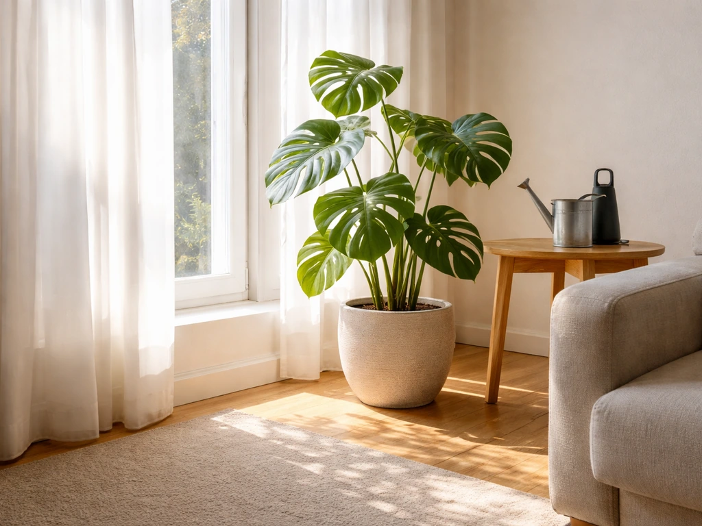 Single potted plant by a sunlit window with a watering can and dim floor area nearby.
