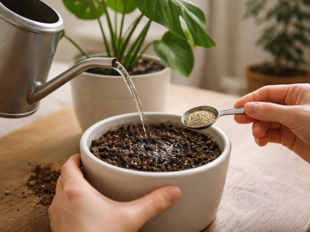 Person measuring a small fertilizer dose and pouring it into an indoor plant container with a watering can