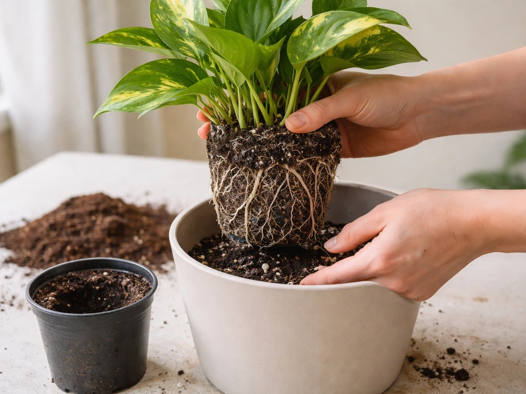 Houseplant being lifted from a pot and placed into fresh potting mix in a new container