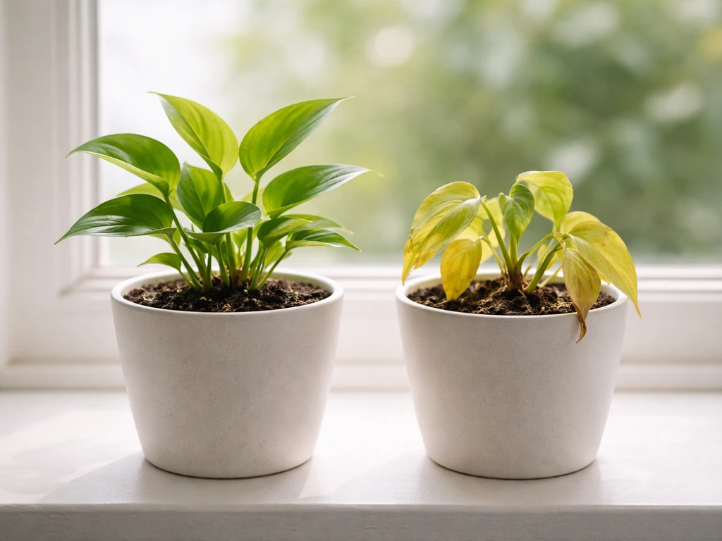 Healthy green houseplants beside a yellow wilting plant on a bright windowsill