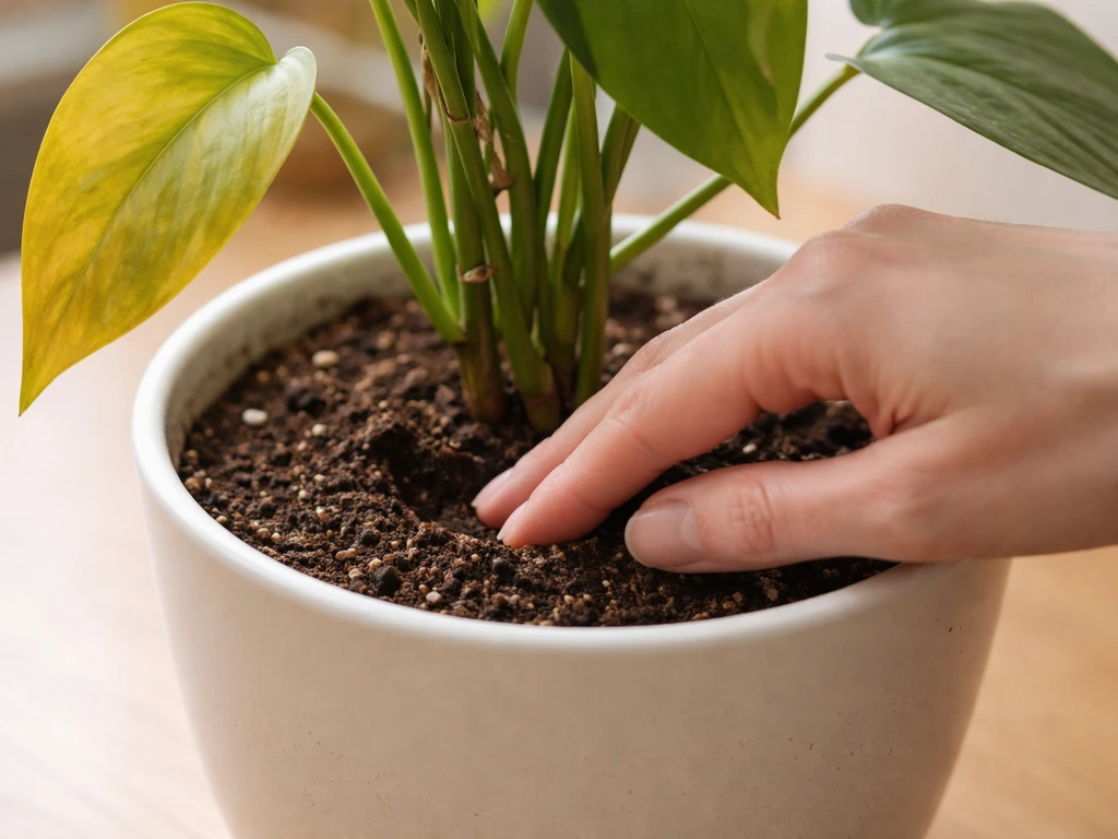 Close-up of a potted plant with yellow leaves and a hand checking the soil moisture.