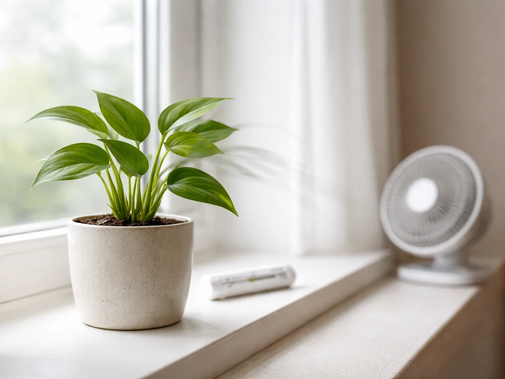Small houseplant by a bright window with a thermometer near the sill and a gentle fan for airflow
