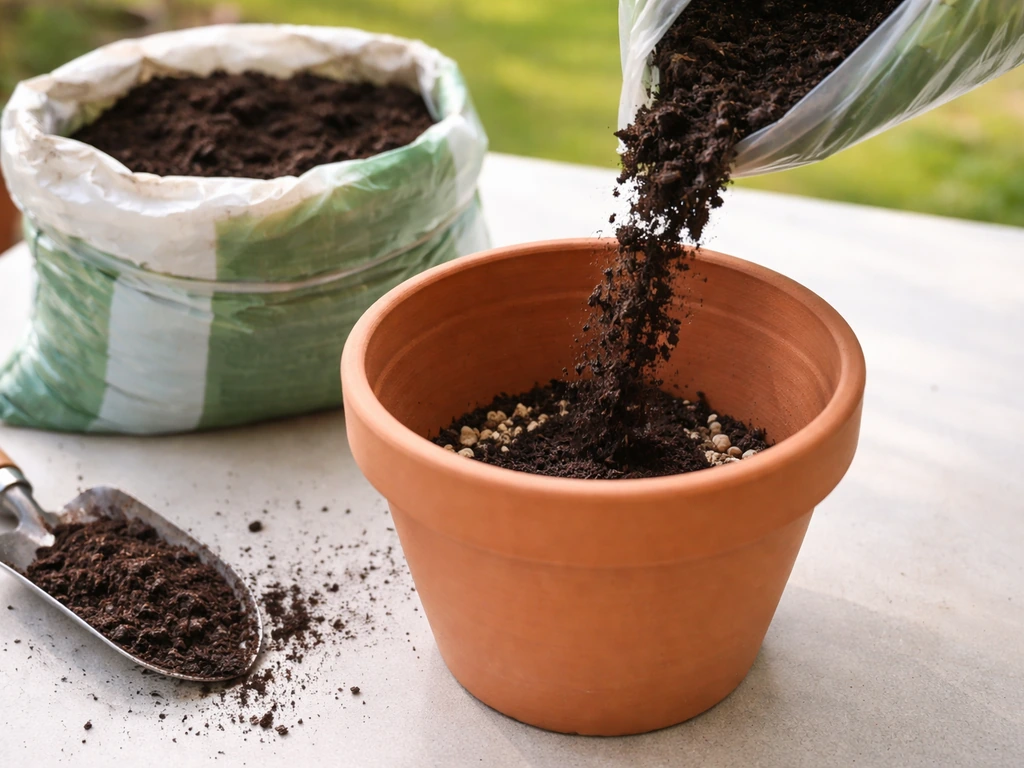Open bag of potting mix beside a new planter with proper drainage setup and soil being poured.