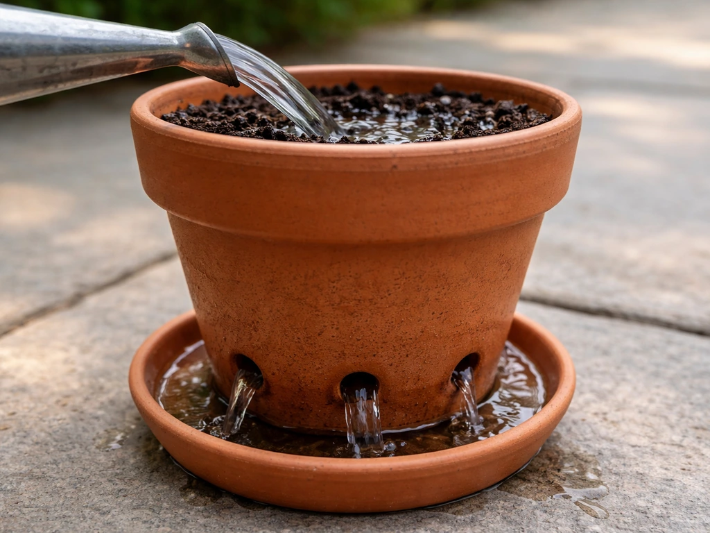 Watering a potted plant until water drains from bottom holes into an empty catch tray.