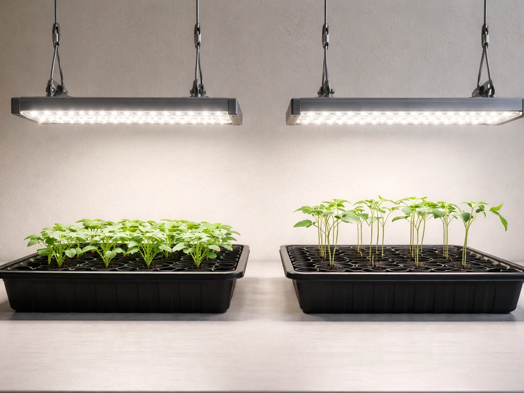 Seedlings under LED grow lights, showing proper height spacing and comparison of healthy vs leggy growth