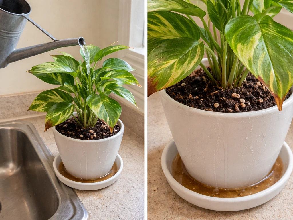 Close-up of brown leaf tips beside a potted plant being flushed with clear runoff water