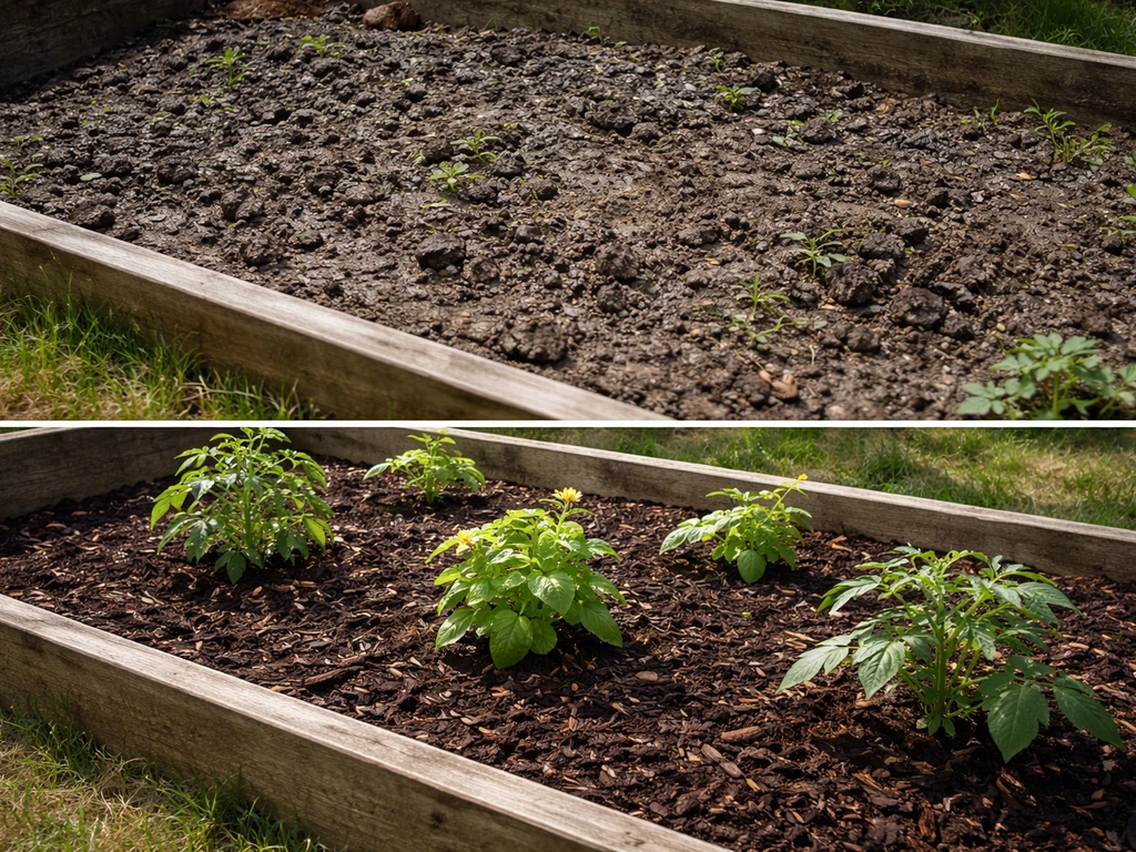 Mulched raised garden bed with healthy plants growing in improved clay soil