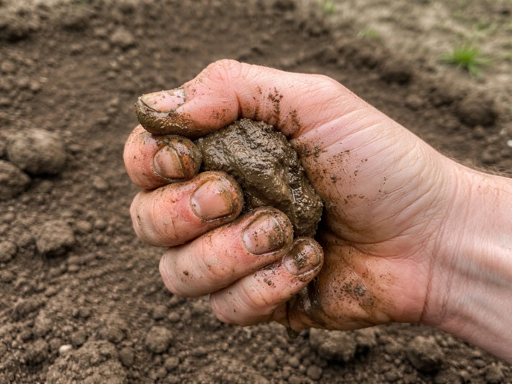 Gardener holds a handful of moist clay soil squeezing into a sticky ball for the squeeze test.