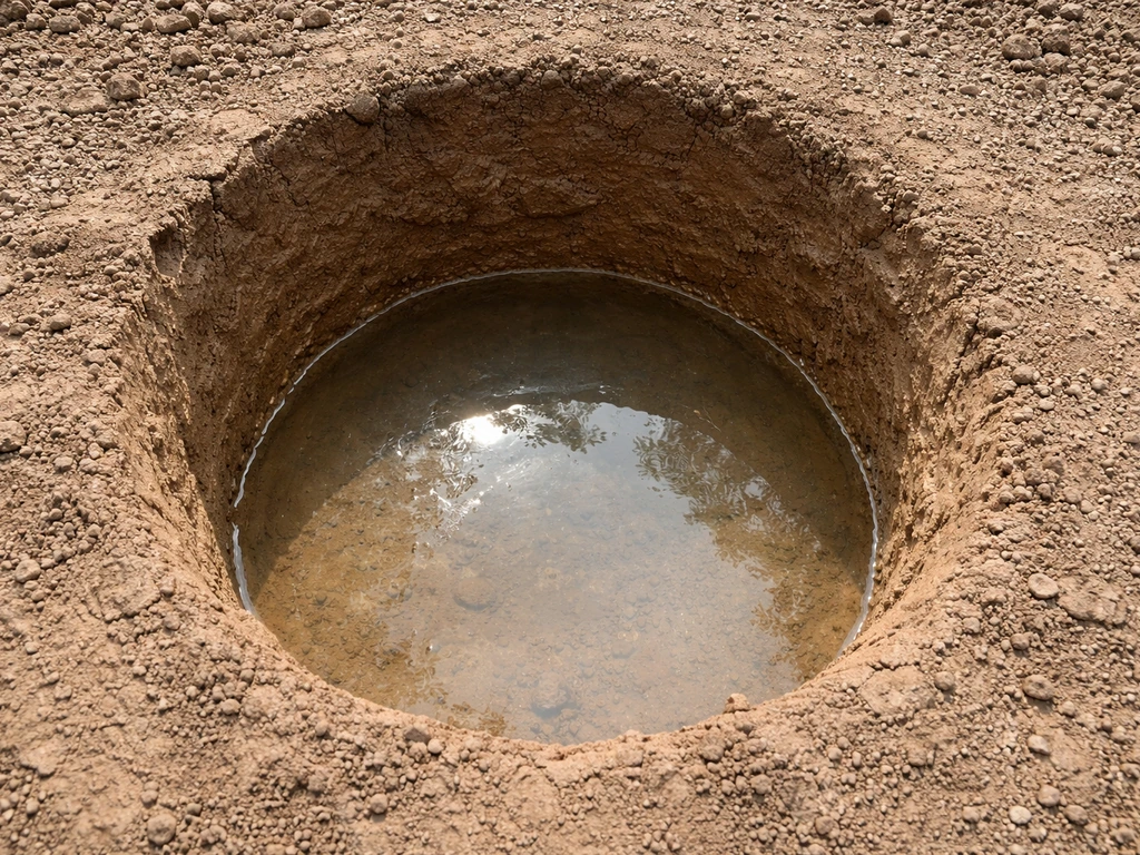 Round clay soil hole about a foot deep filled with water, showing saturation around the edges.