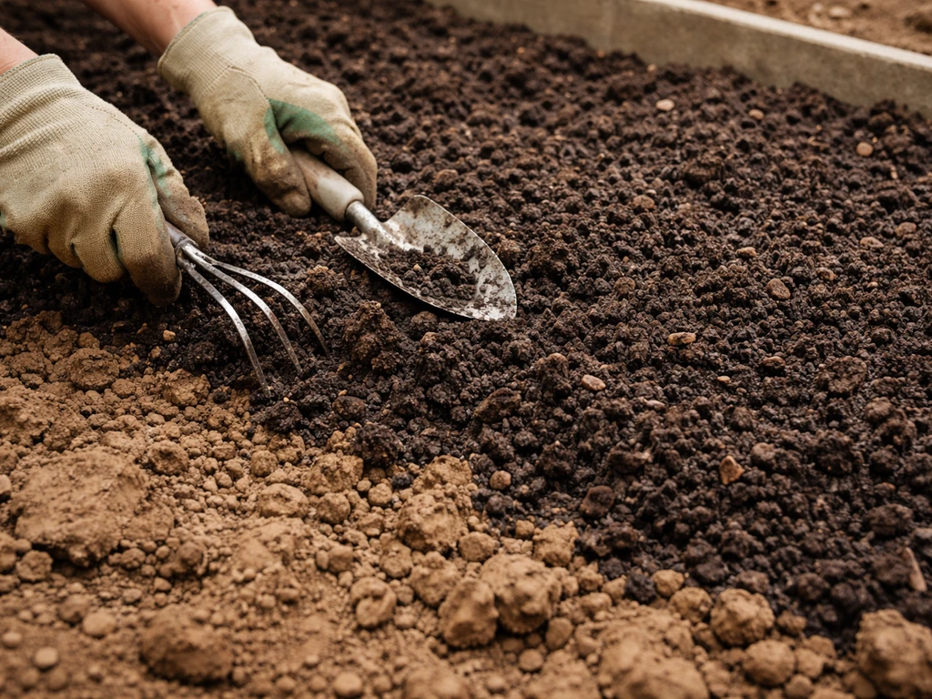 Hands spreading finished compost into a clay soil bed with a small trowel and rake, close-up view.