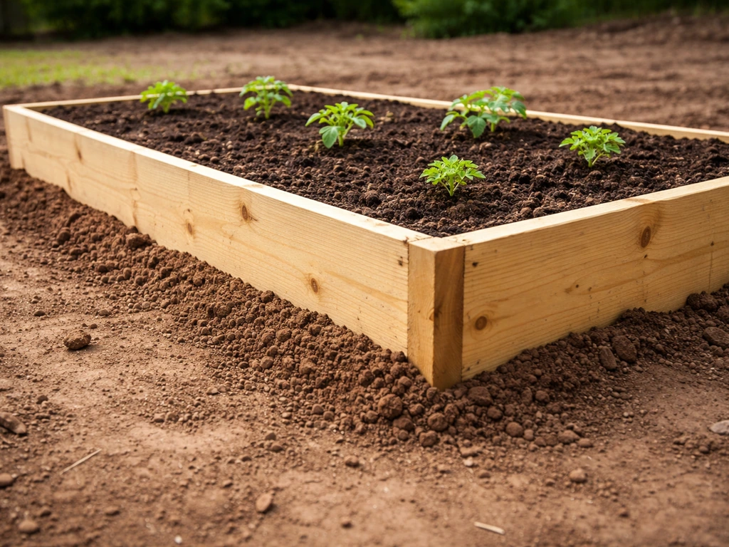 Raised bed built over clay soil with a bermed edge and young plants, showing improved drainage profile.