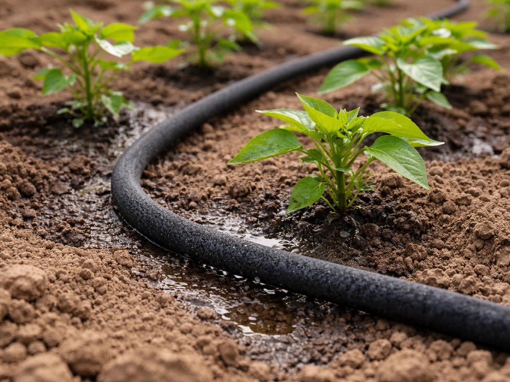 Low-flow soaker hose trickling into clay soil around small plants, showing gentle soaking water.