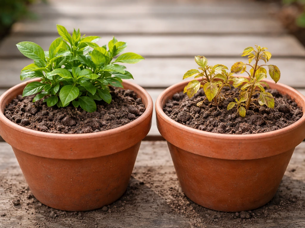 Two potted plants side by side: one thriving in clay soil, the other yellow and stunted