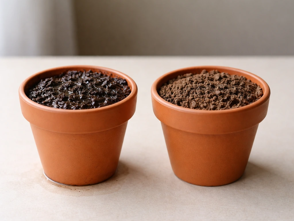 Side-by-side potted plant soils: waterlogged dark wet soil vs lighter dry top layer in a nearby pot.