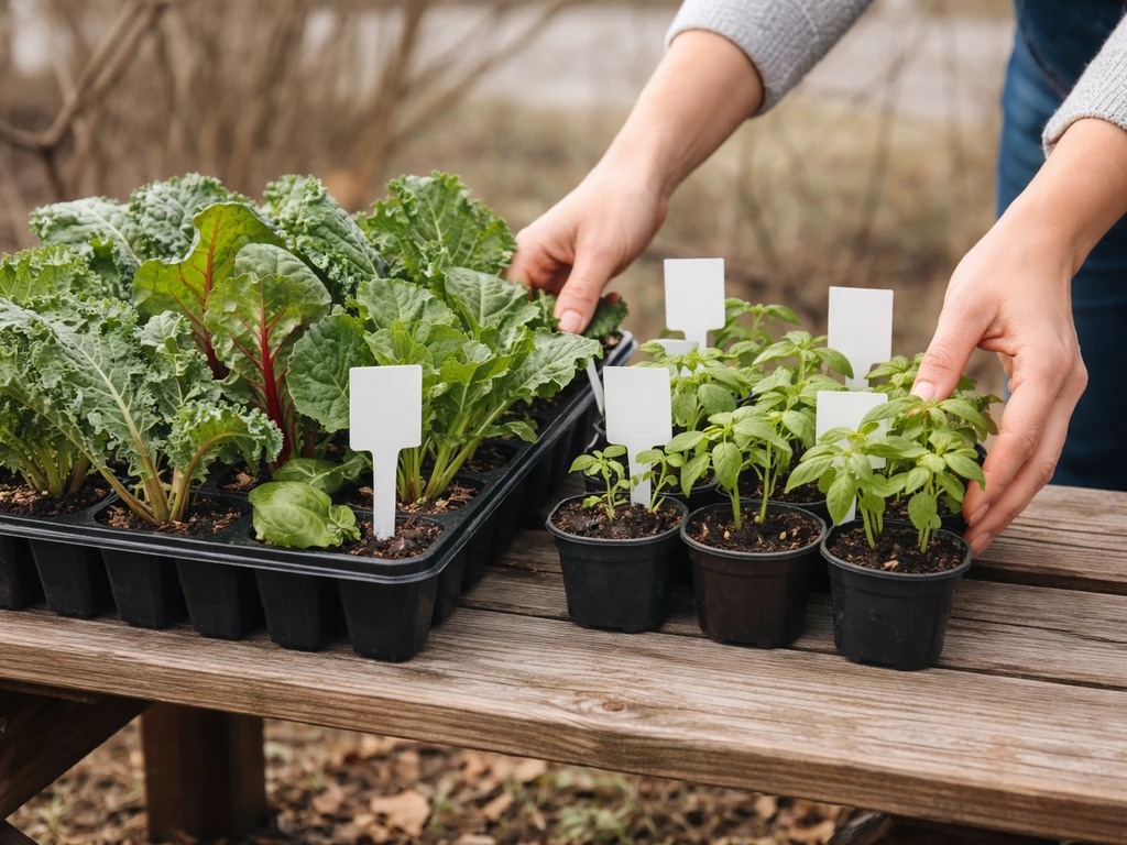 Trays of cold-tolerant leafy greens in pots beside a smaller set of tender plants on a patio