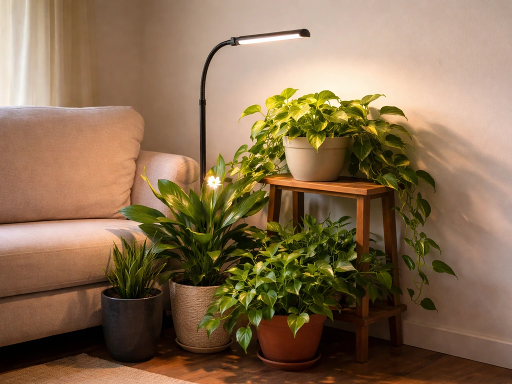 Living room corner with several thriving indoor plants under a small grow light