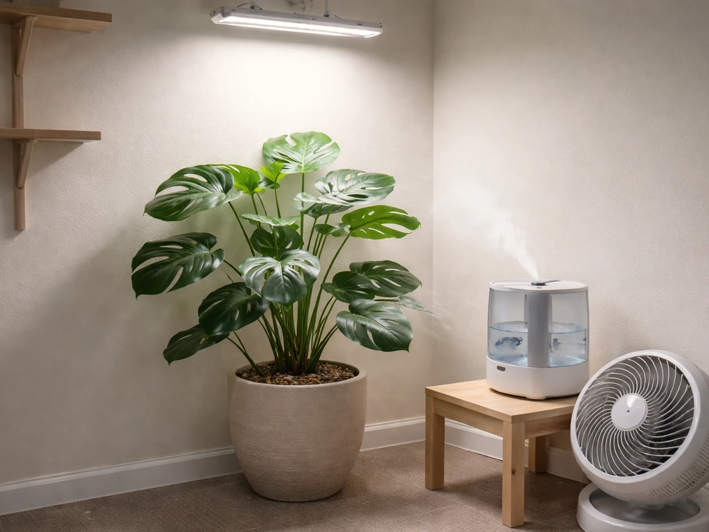 Houseplant under a grow light with a small humidifier and fan/vent for airflow and humidity control.