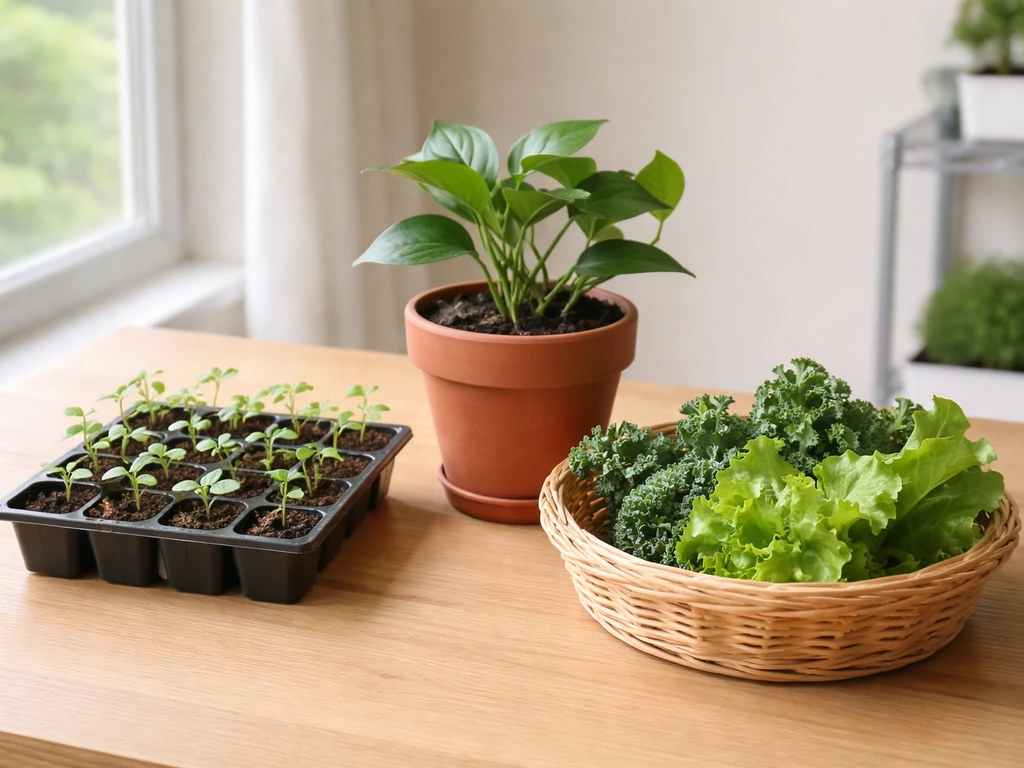 Overlapping plant cycles with a seedling tray, established potted plant, and harvest basket on a table.