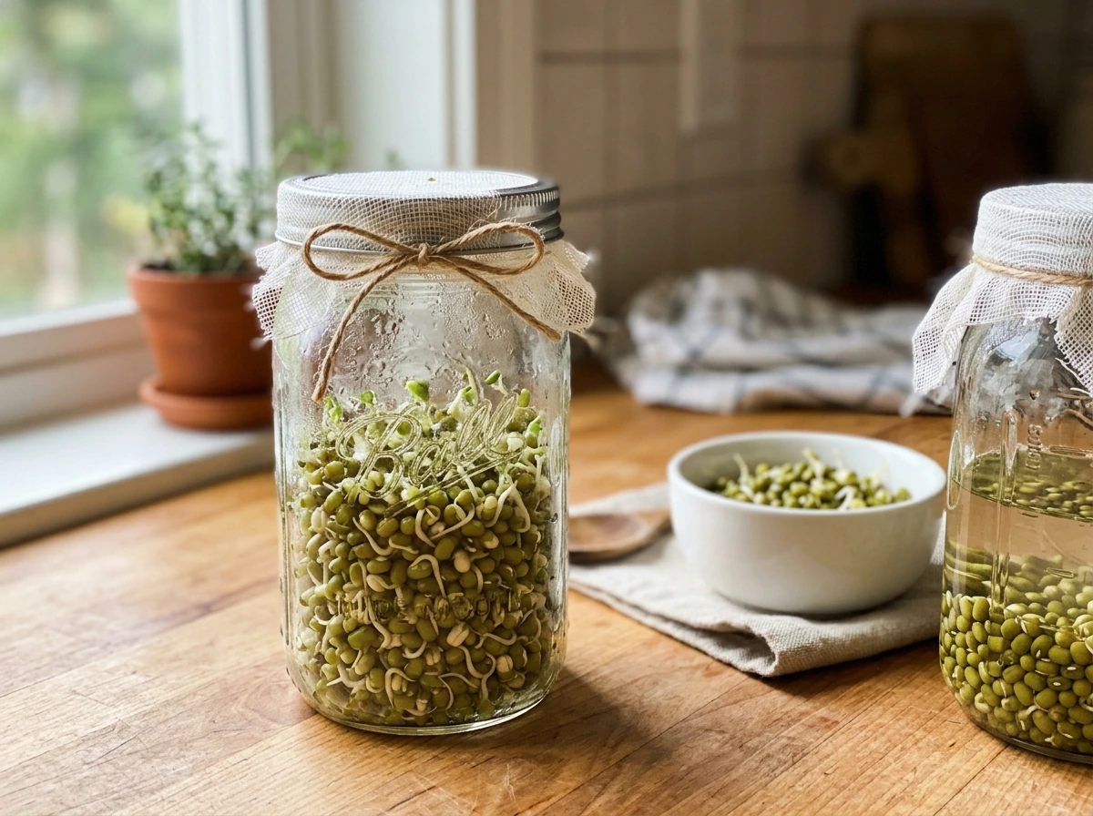Sprouting seeds in a jar with cheesecloth top