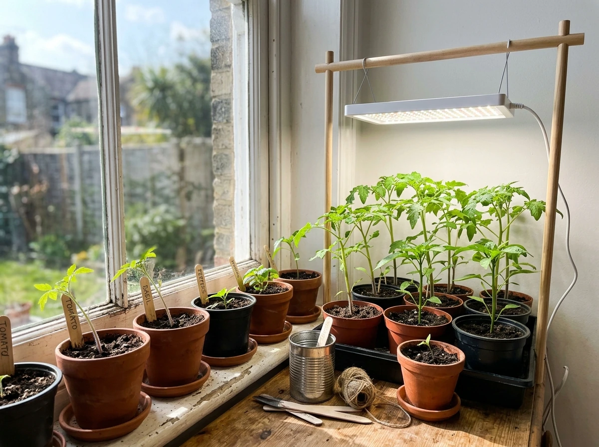 Seedlings on a window ledge with lighting to improve growth