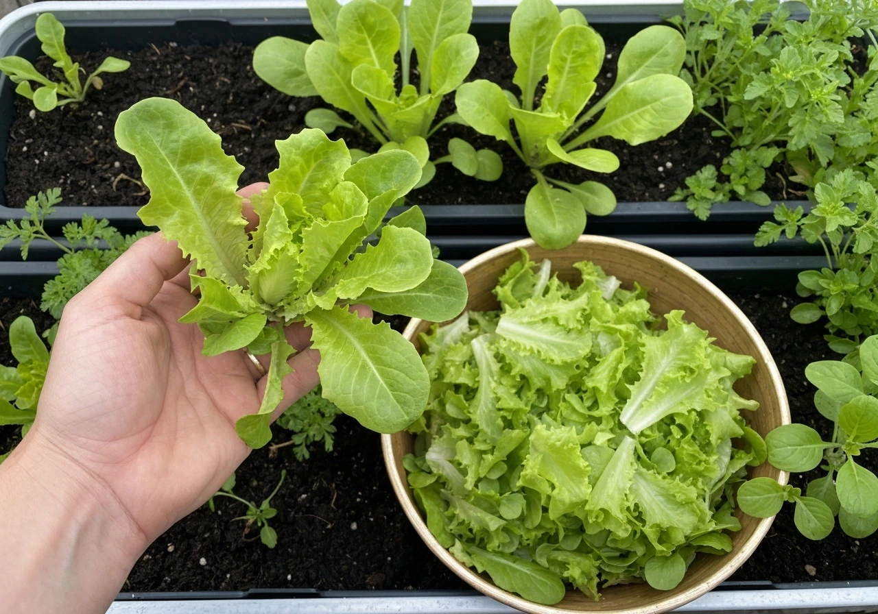 Hand harvesting baby lettuce from a container planter