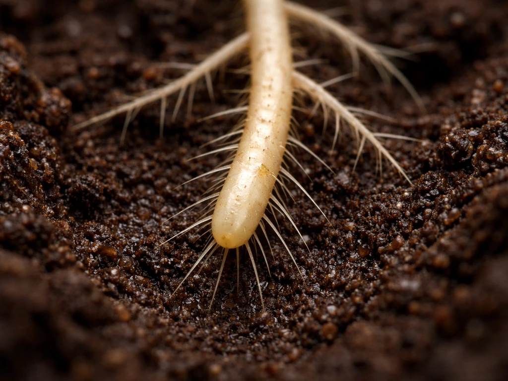 Macro close-up of a growing plant root tip with lateral branches and fine root hairs in moist soil.