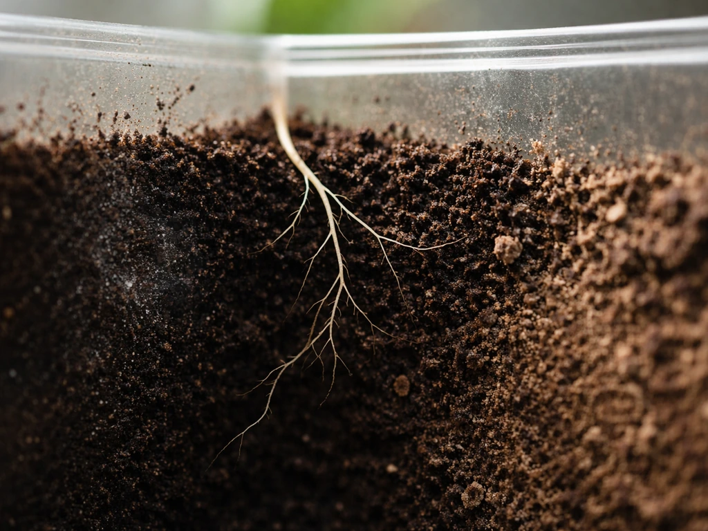 Fine plant roots curve through soil toward a darker, moister side of the container.