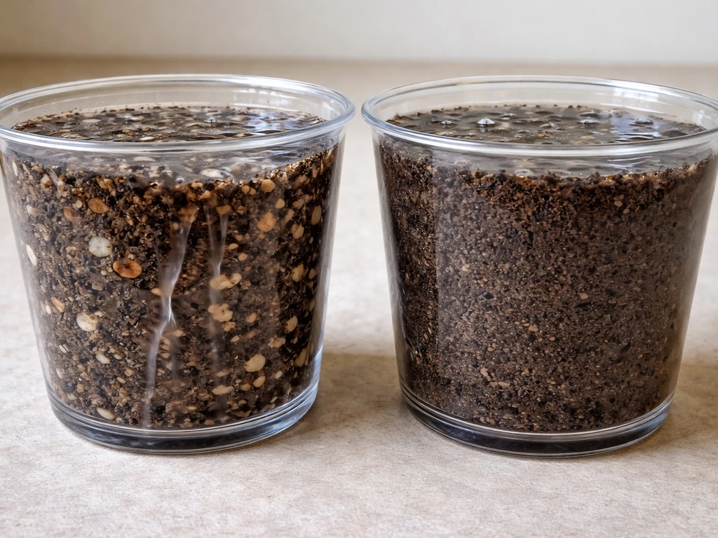 Side-by-side close-up of loose potting mix vs compacted soil with visible drainage gaps.