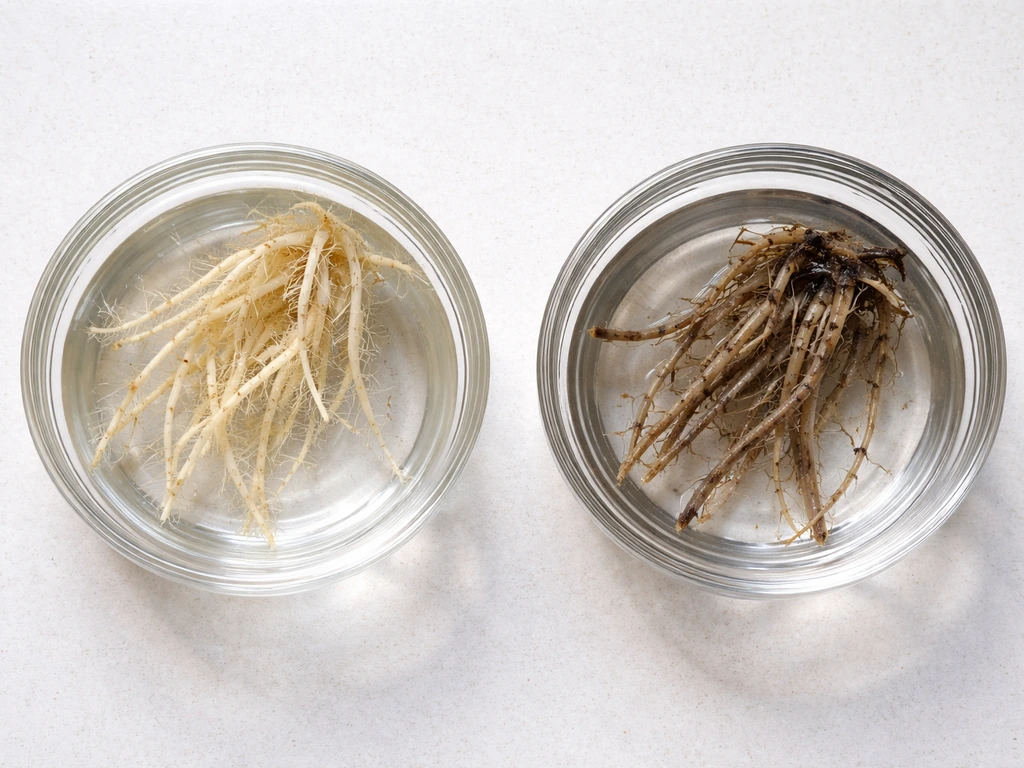 Top view of pale, firm healthy plant roots with fine white hairs beside darker, stunted roots
