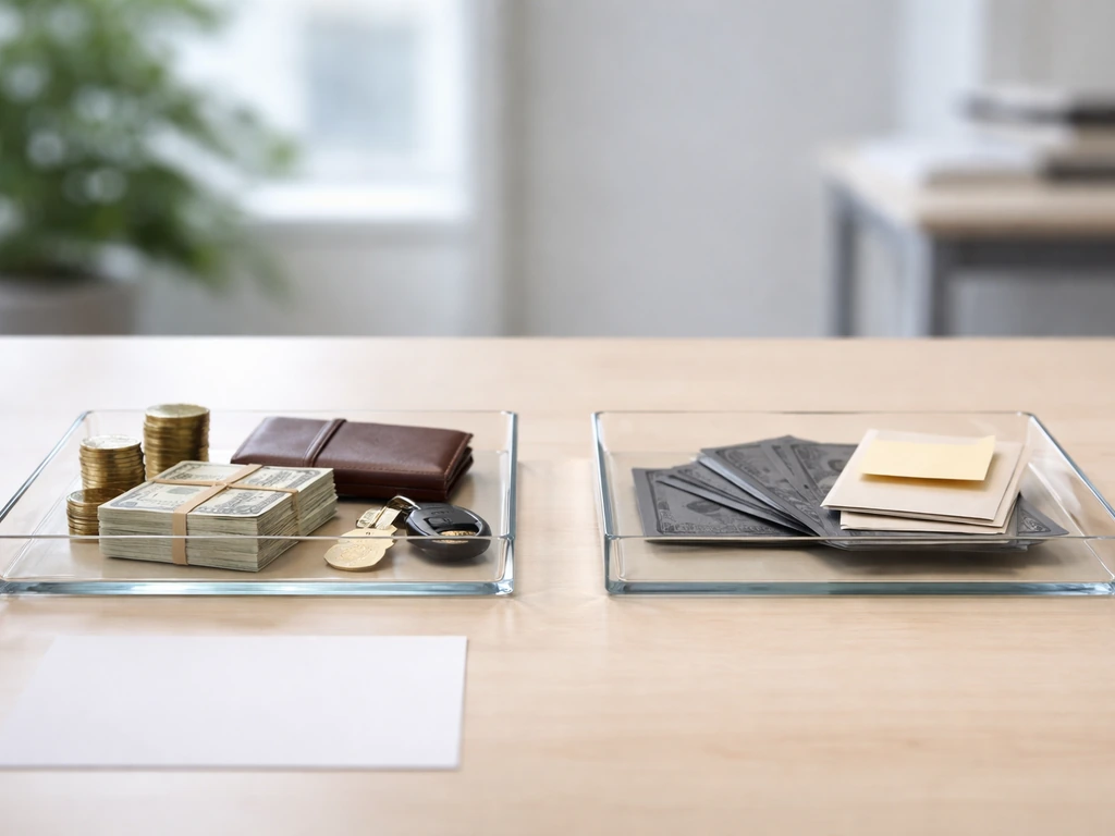 Two glass trays on a desk showing assets on one side and debts on the other, symbolizing net worth.