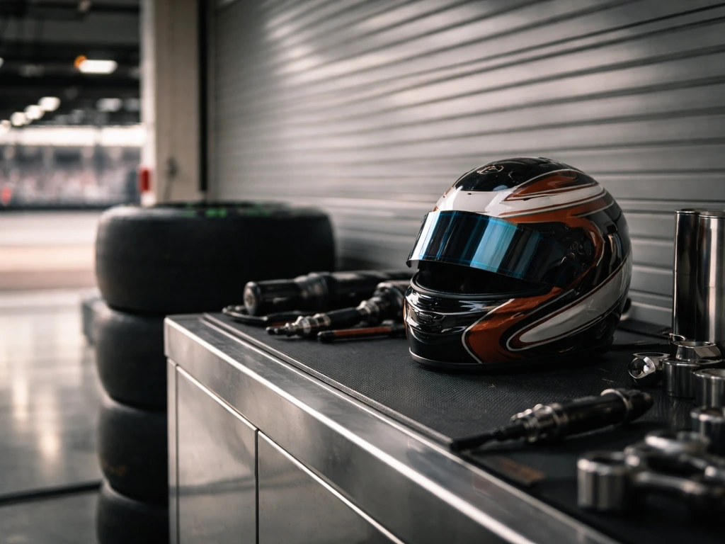 Racing paddock scene with a teammate’s helmet and Williams-style pit garage details, evoking a 2024 breakthrough moment.