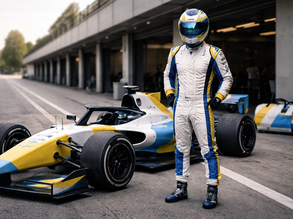 Franco Colapinto in racing gear beside a sponsor-branded race car in a quiet pit lane