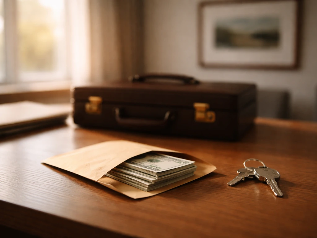 Modest office desk with house keys and a leather briefcase, symbolizing family finances and selling a home.