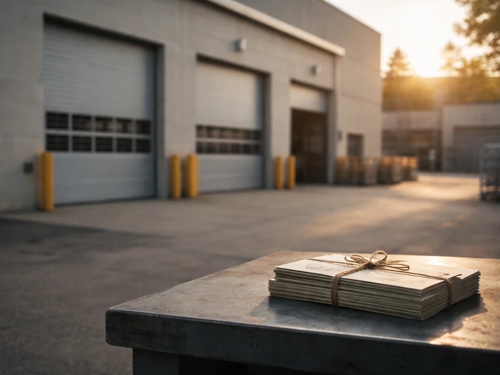 Minimal photo of a modern firearm manufacturing facility exterior with subtle wealth symbolism in the background