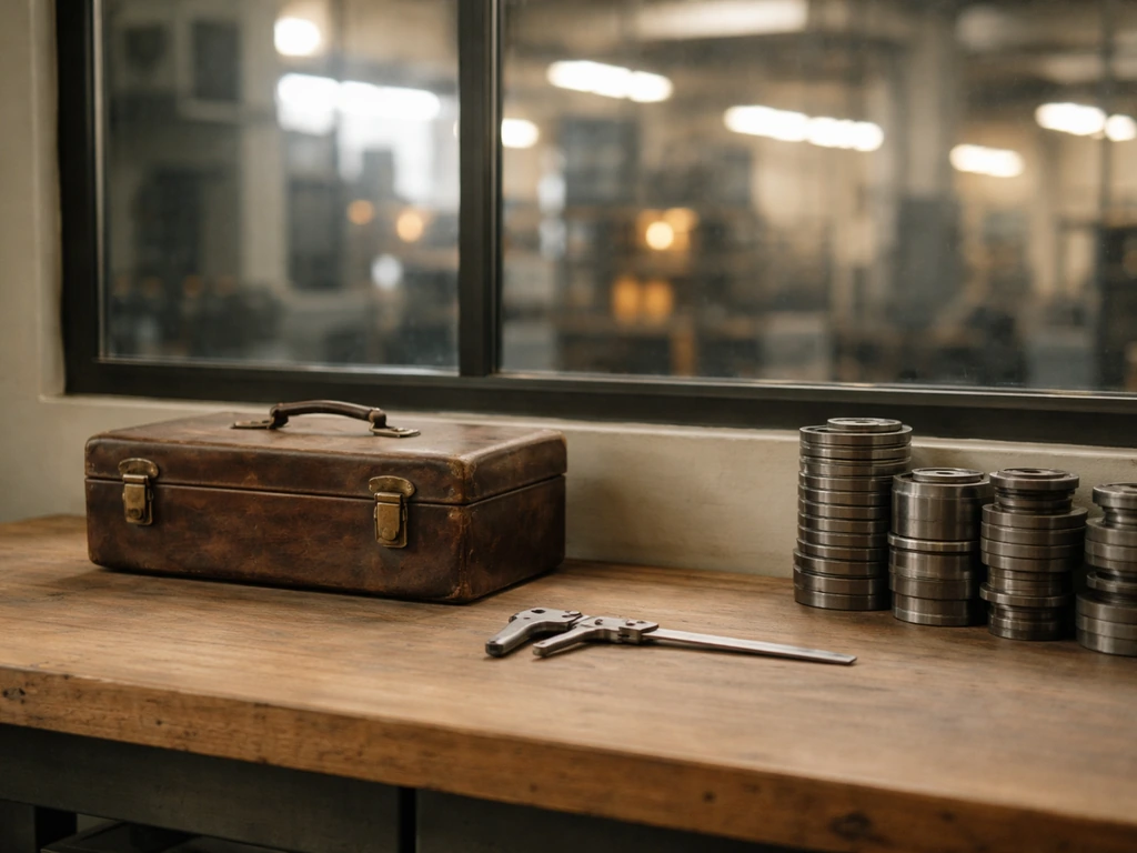 Minimal photo of a luxury workshop archive scene symbolizing a firearms-family business legacy and wealth milestones.
