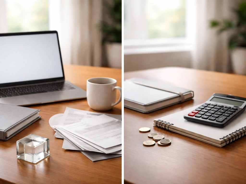 Minimal desk scene with laptop, documents, calculator, and coins in two separated groups suggesting differing net worth