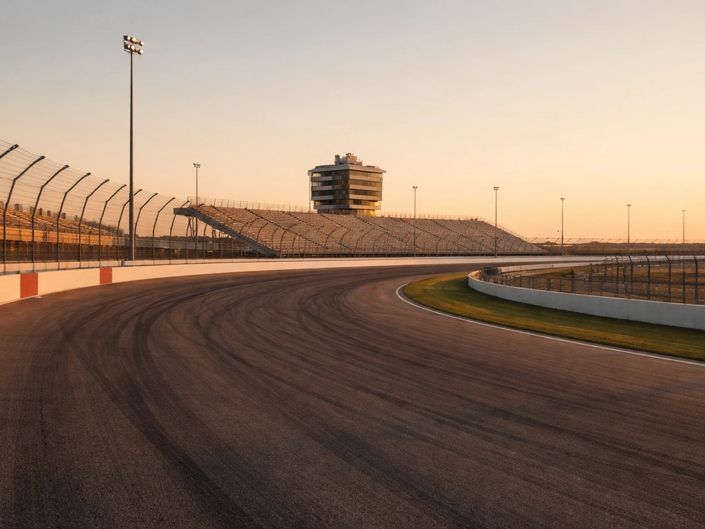 Empty motorsports raceway track at golden hour with grandstands and control tower in the distance.