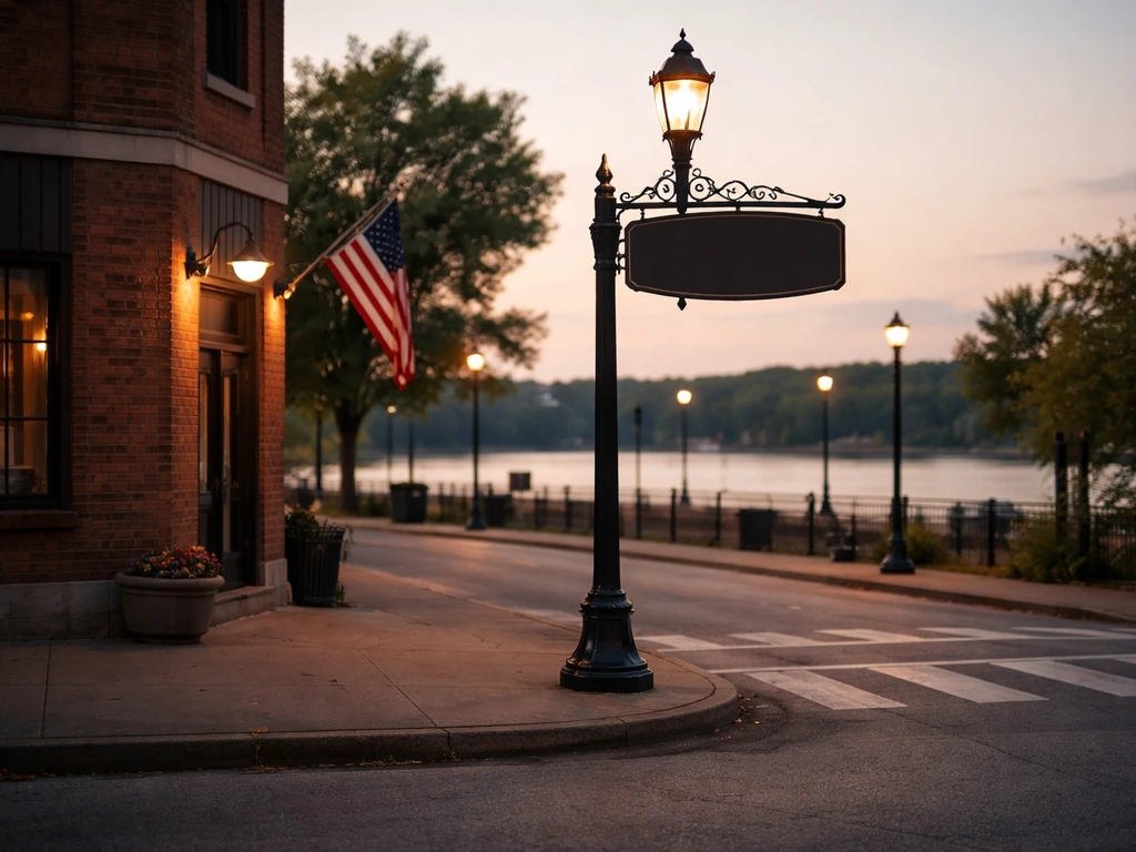 Quiet Madison, Illinois street corner with brick buildings and blank street signage cues at dusk.