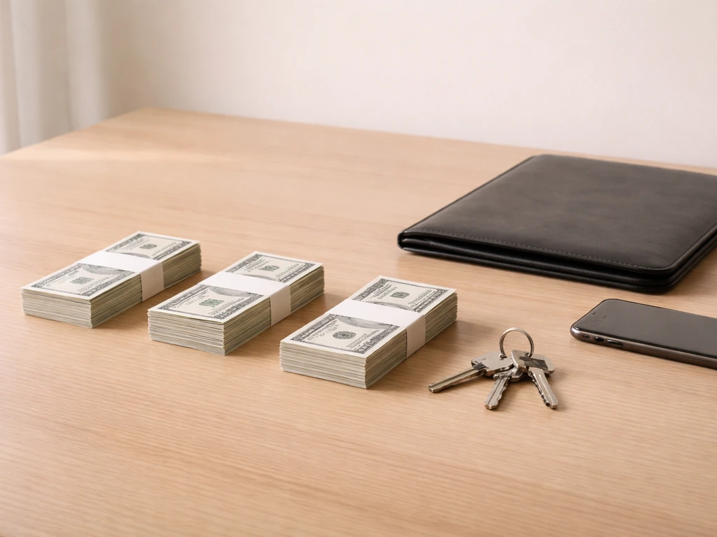 Minimal desk scene with cash-like bundles, house keys, and a closed portfolio suggesting asset categories.