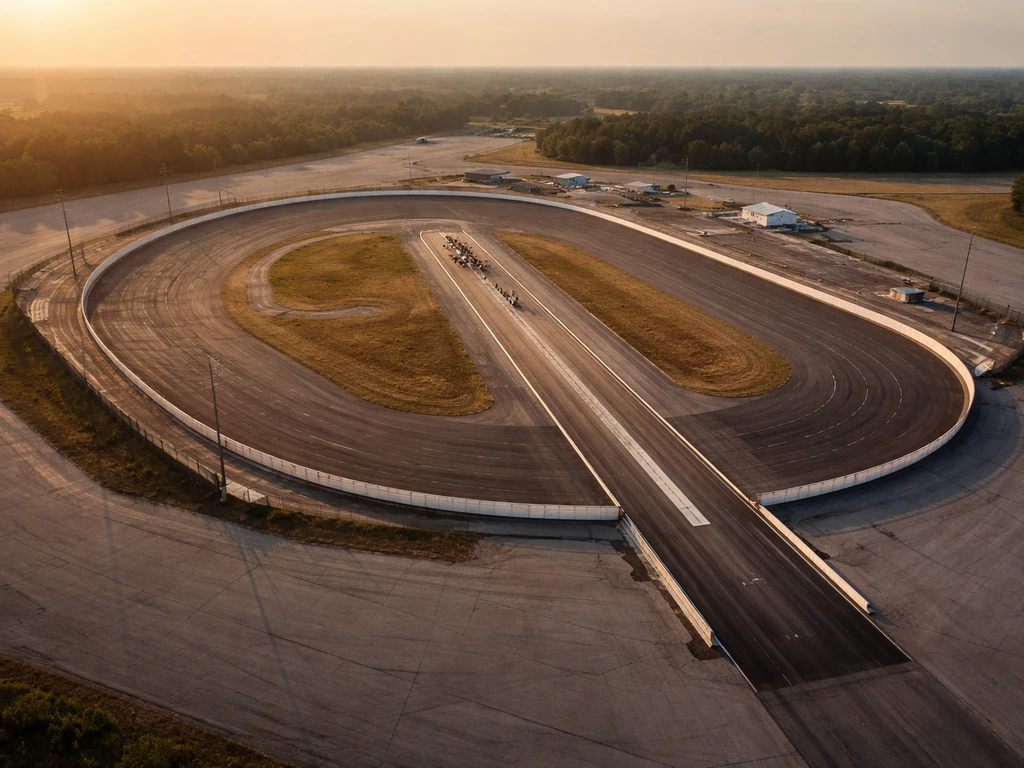 Aerial established view of a motorsports raceway complex with oval track and drag strip, dramatic scale