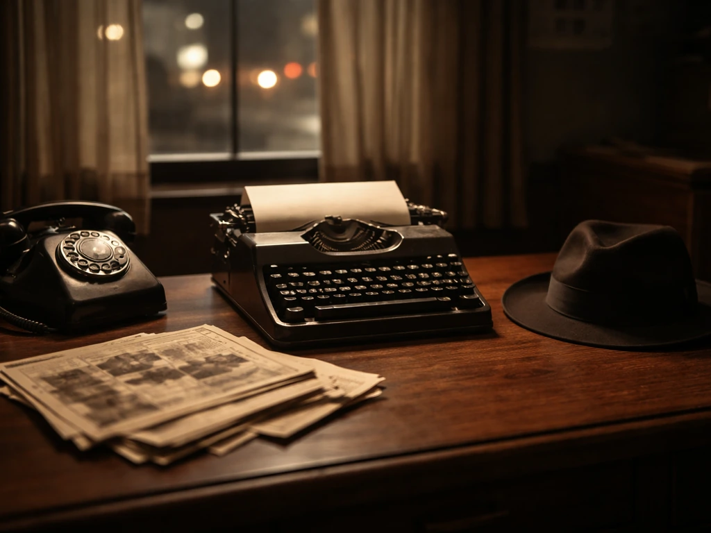 Vintage desk with rotary phone and typewriter in a dim newsroom, hinting at old crime-history research.