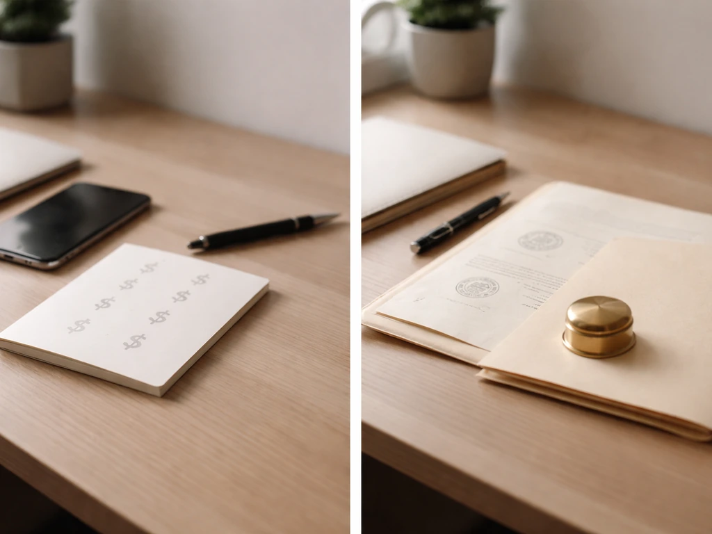 Split-screen style scene showing a $5 million figure estimate card versus official court-document style pages (no text).