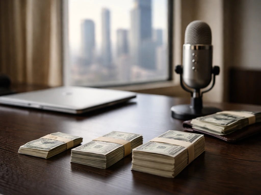 Office desk with wallet and money stacks suggesting different wealth tiers, no text or labels.