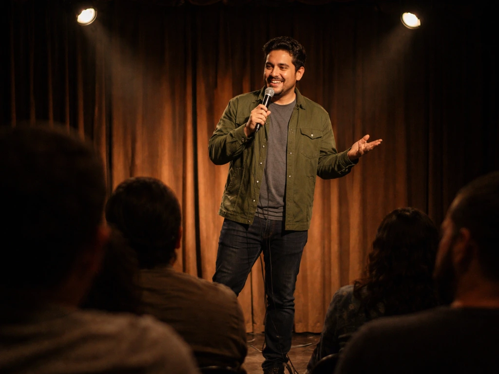 Comedian on a small theater stage under warm spotlight holding a microphone, blurred audience in background.