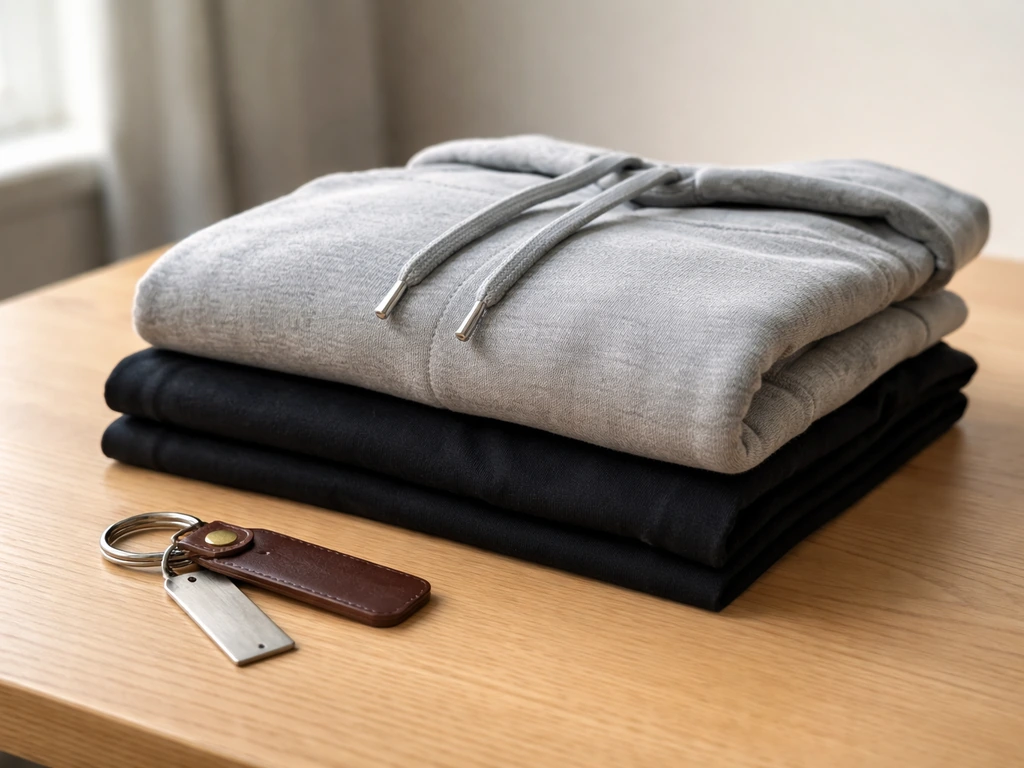 Close-up of folded hoodie, t-shirt, and leather keychain on a wooden table in soft natural light.