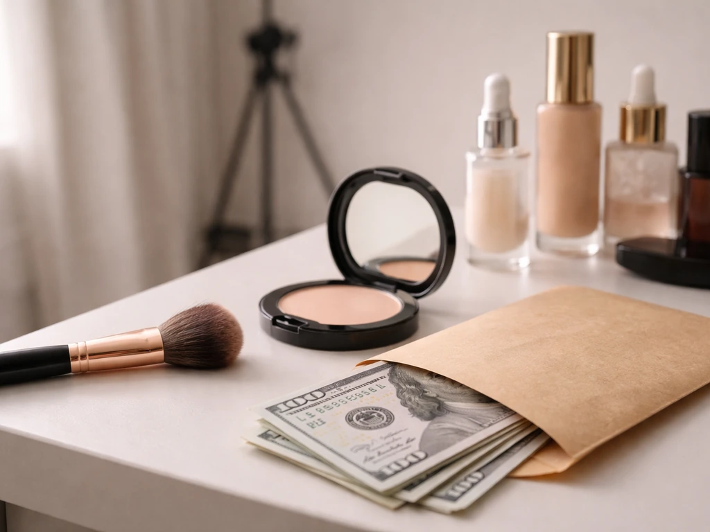 Minimal desk scene with makeup tools and a cash envelope, symbolizing beauty industry wealth analysis.